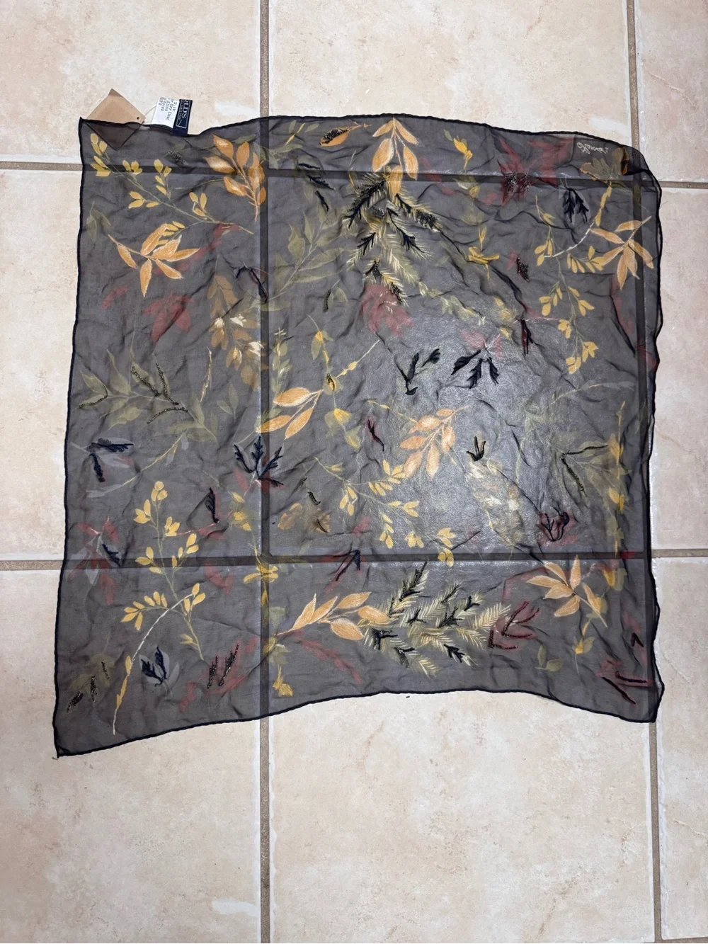 Harold's Vintage Silk Black Scarf with Mustard and Olive Leaf Print